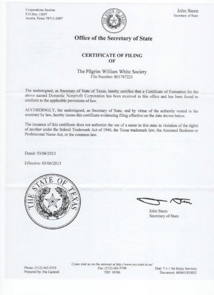 Certificate of filing for TPWWS Charter